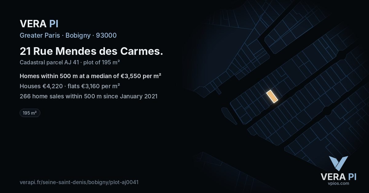 21 Rue Mendes des Carmes, Bobigny at night – the plot lit, the parcels around coloured by the prices near them