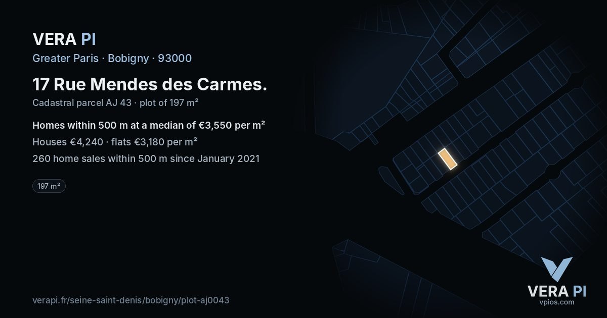 17 Rue Mendes des Carmes, Bobigny at night – the plot lit, the parcels around coloured by the prices near them