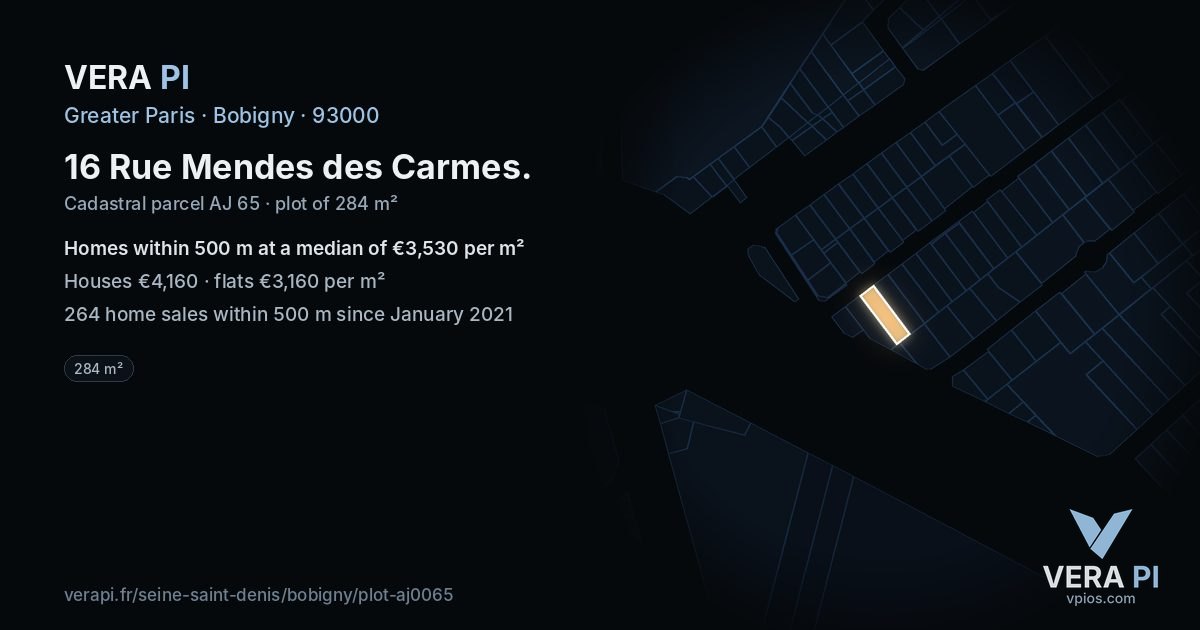 16 Rue Mendes des Carmes, Bobigny at night – the plot lit, the parcels around coloured by the prices near them