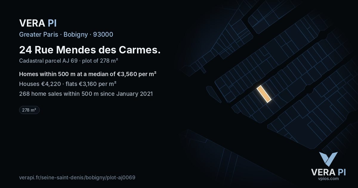 24 Rue Mendes des Carmes, Bobigny at night – the plot lit, the parcels around coloured by the prices near them