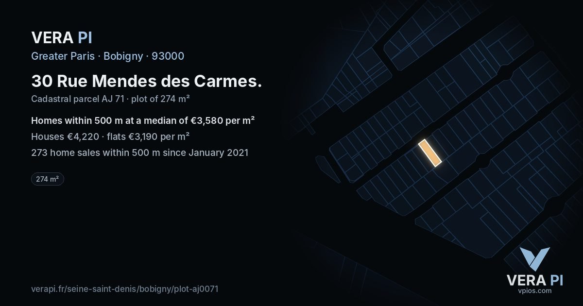 30 Rue Mendes des Carmes, Bobigny at night – the plot lit, the parcels around coloured by the prices near them