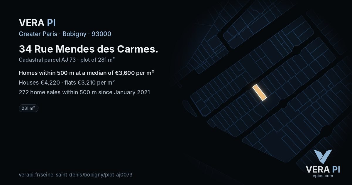 34 Rue Mendes des Carmes, Bobigny at night – the plot lit, the parcels around coloured by the prices near them