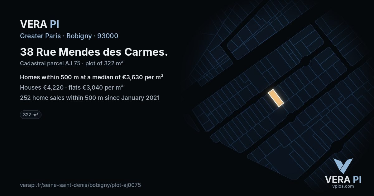 38 Rue Mendes des Carmes, Bobigny at night – the plot lit, the parcels around coloured by the prices near them