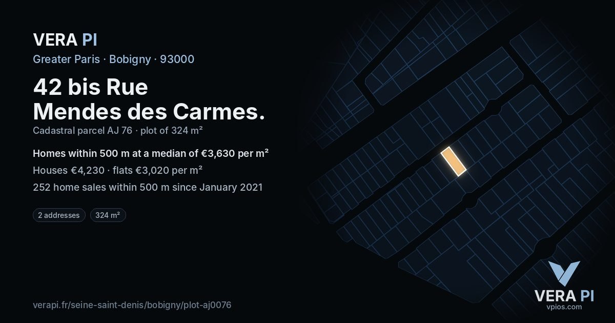 42 bis Rue Mendes des Carmes, Bobigny at night – the plot lit, the parcels around coloured by the prices near them