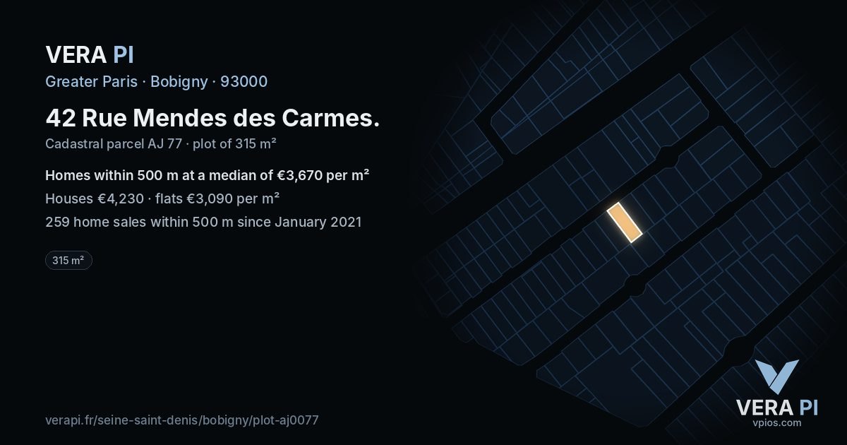42 Rue Mendes des Carmes, Bobigny at night – the plot lit, the parcels around coloured by the prices near them