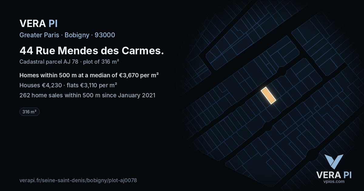 44 Rue Mendes des Carmes, Bobigny at night – the plot lit, the parcels around coloured by the prices near them