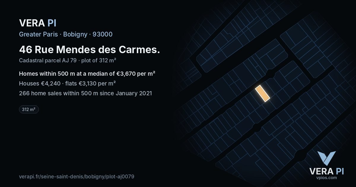 46 Rue Mendes des Carmes, Bobigny at night – the plot lit, the parcels around coloured by the prices near them