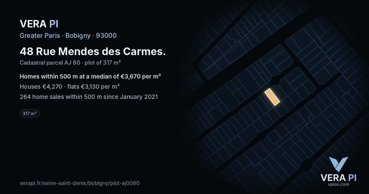 48 Rue Mendes des Carmes, Bobigny at night – the plot lit, the parcels around coloured by the prices near them