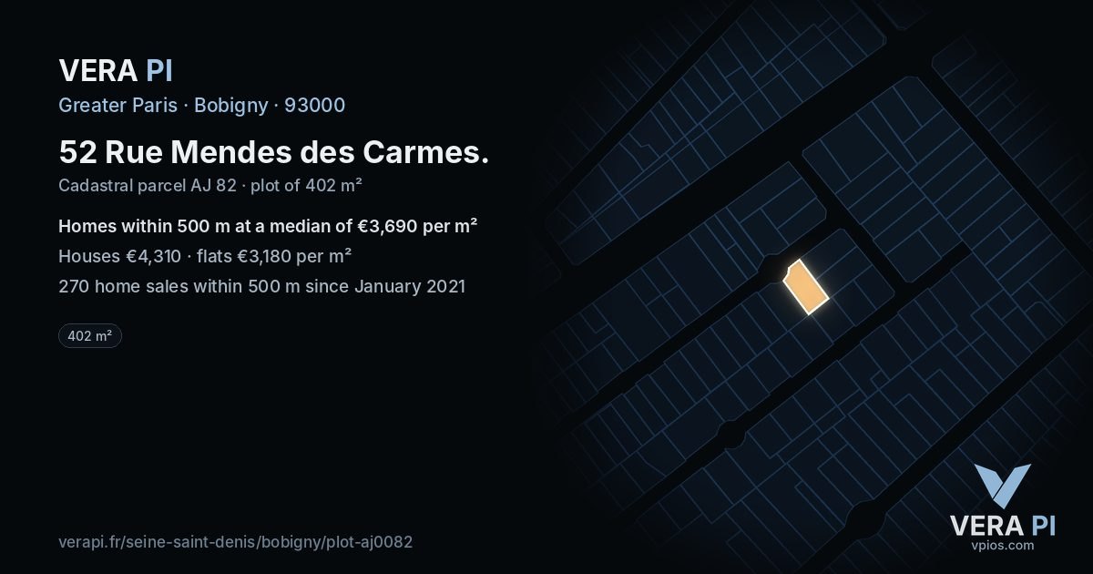 52 Rue Mendes des Carmes, Bobigny at night – the plot lit, the parcels around coloured by the prices near them