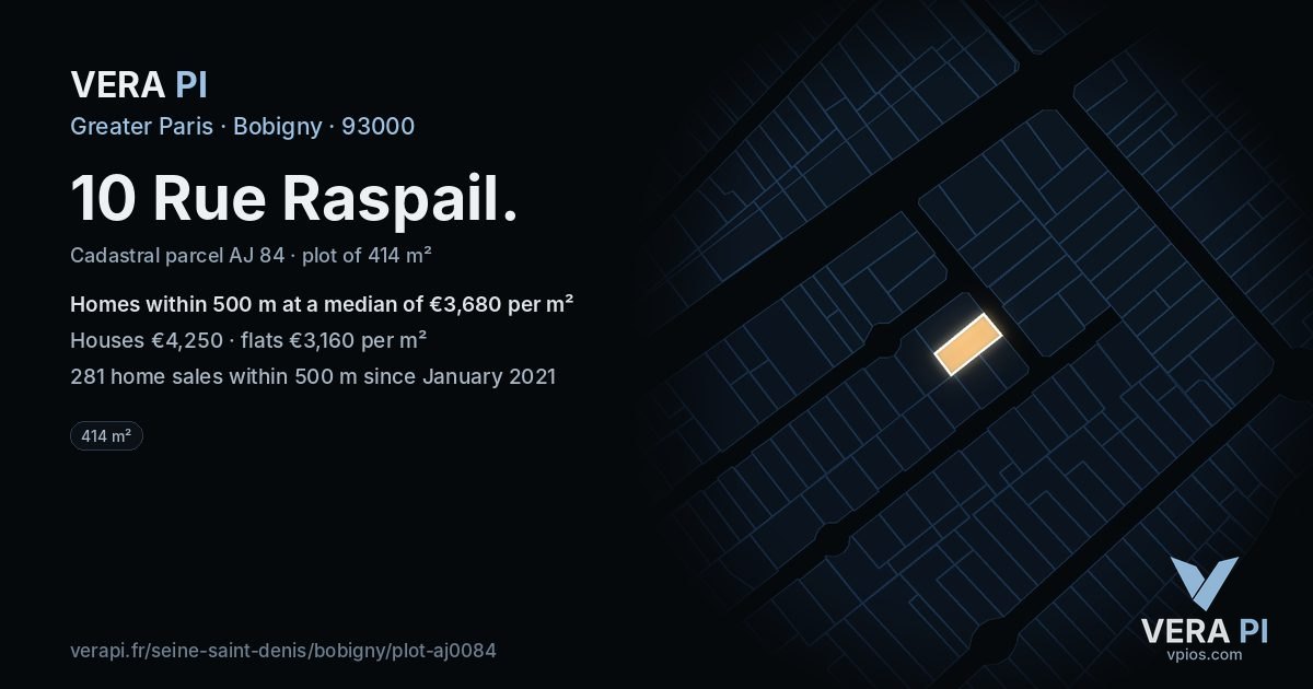 10 Rue Raspail, Bobigny at night – the plot lit, the parcels around coloured by the prices near them