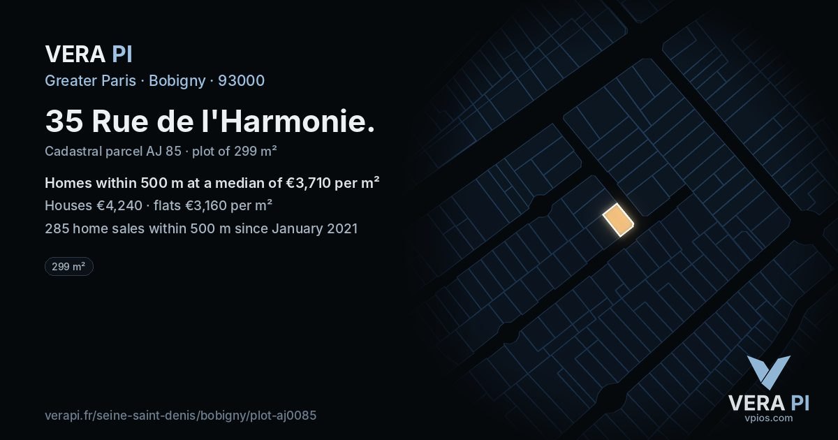 35 Rue de l'Harmonie, Bobigny at night – the plot lit, the parcels around coloured by the prices near them