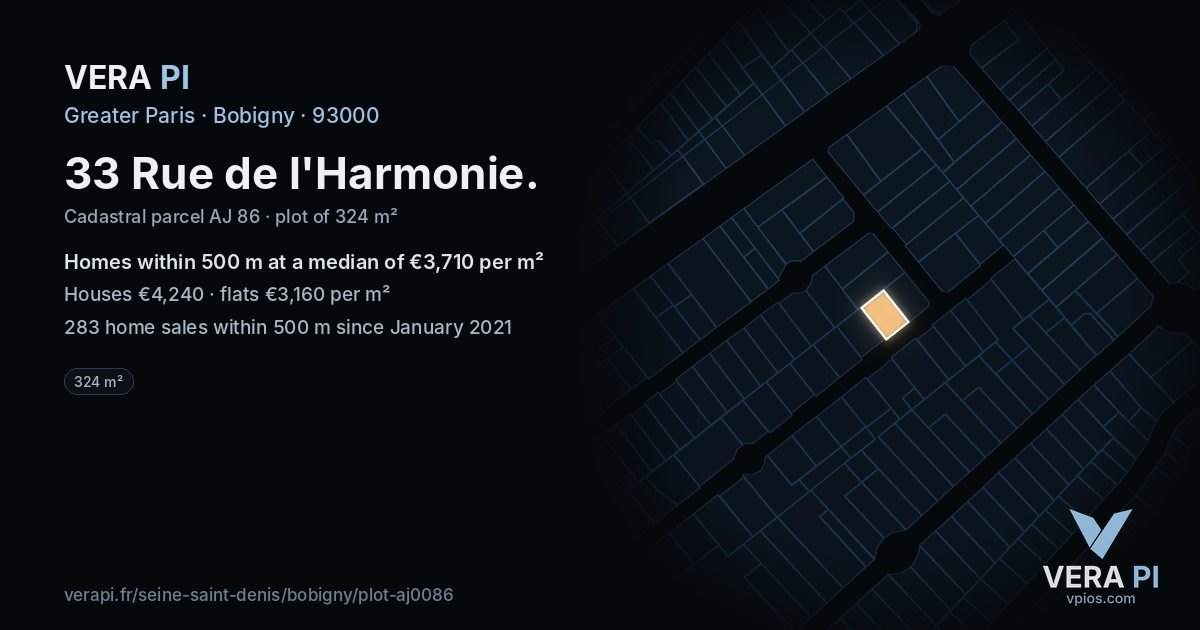 33 Rue de l'Harmonie, Bobigny at night – the plot lit, the parcels around coloured by the prices near them