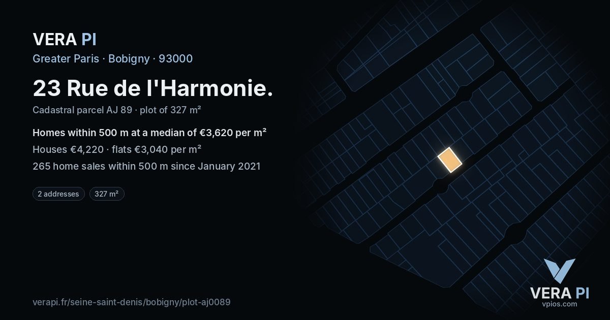 23 Rue de l'Harmonie, Bobigny at night – the plot lit, the parcels around coloured by the prices near them