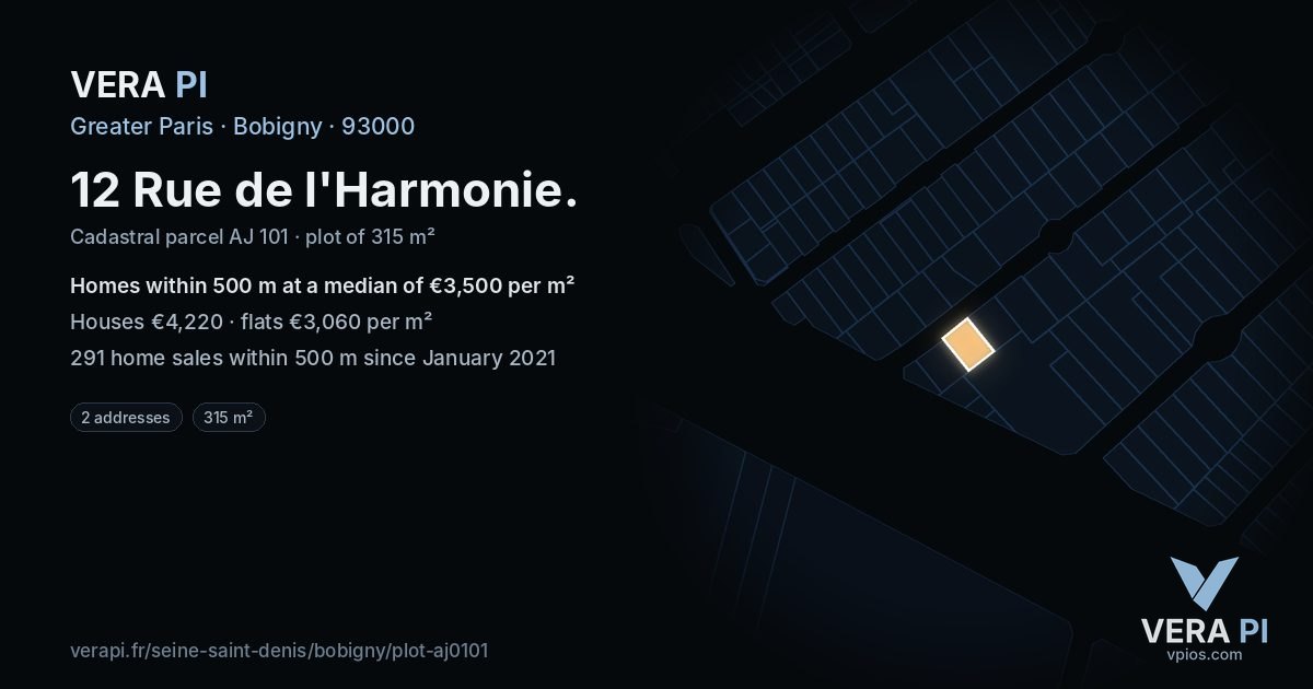 12 Rue de l'Harmonie, Bobigny at night – the plot lit, the parcels around coloured by the prices near them