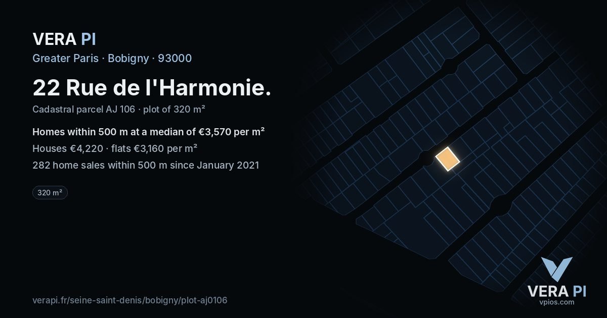 22 Rue de l'Harmonie, Bobigny at night – the plot lit, the parcels around coloured by the prices near them