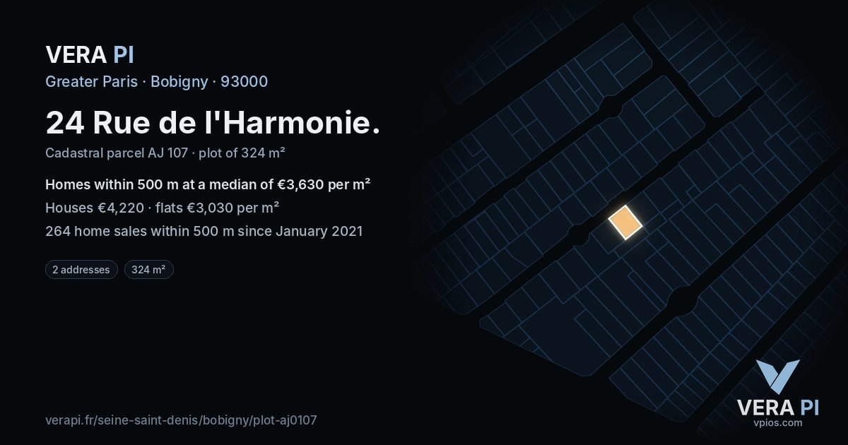 24 Rue de l'Harmonie, Bobigny at night – the plot lit, the parcels around coloured by the prices near them