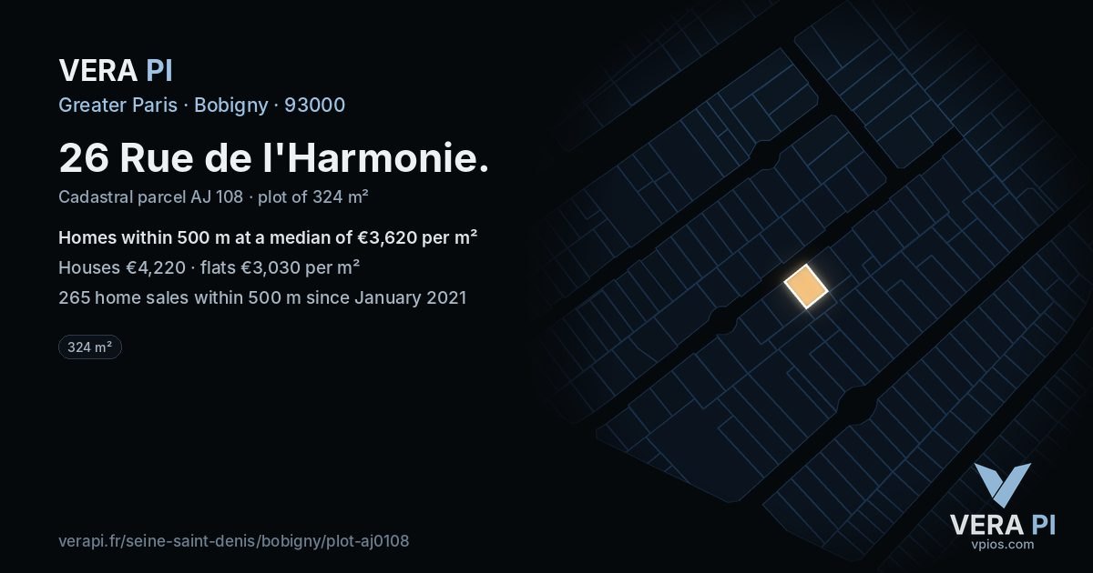 26 Rue de l'Harmonie, Bobigny at night – the plot lit, the parcels around coloured by the prices near them