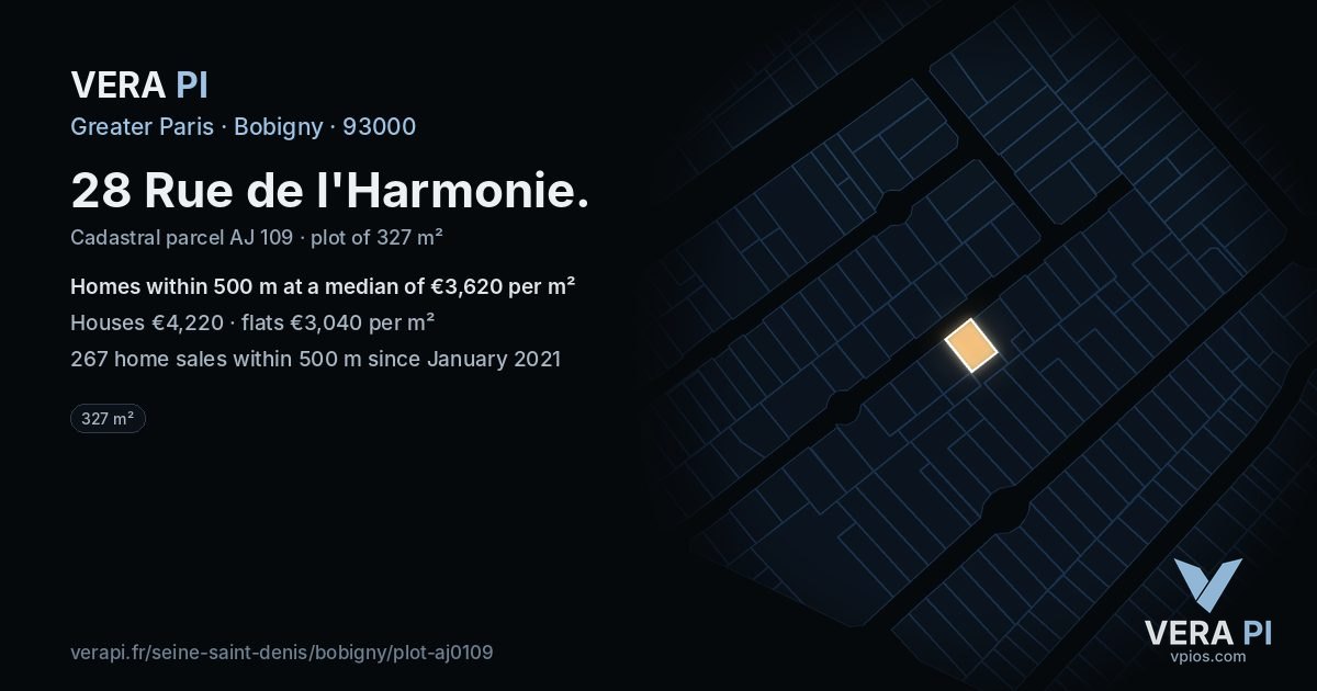 28 Rue de l'Harmonie, Bobigny at night – the plot lit, the parcels around coloured by the prices near them