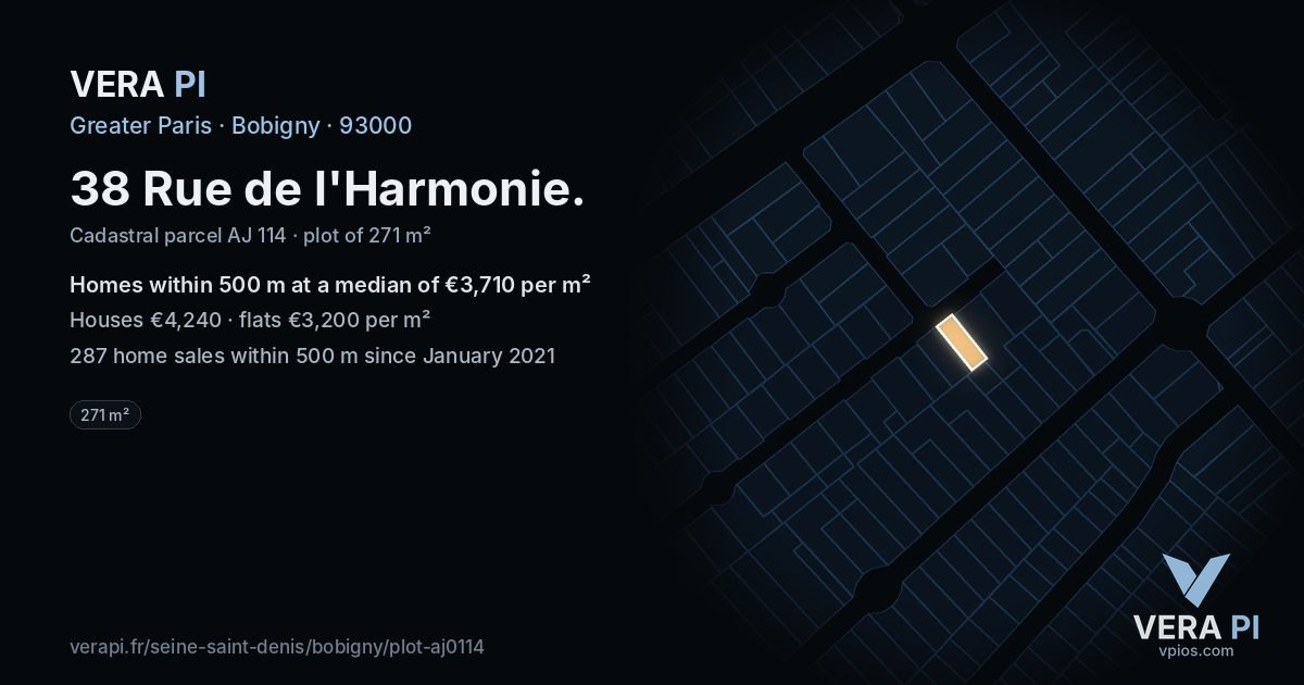 38 Rue de l'Harmonie, Bobigny at night – the plot lit, the parcels around coloured by the prices near them
