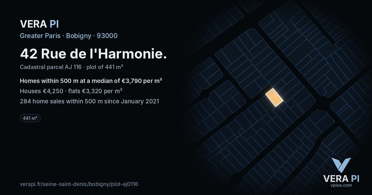 42 Rue de l'Harmonie, Bobigny at night – the plot lit, the parcels around coloured by the prices near them