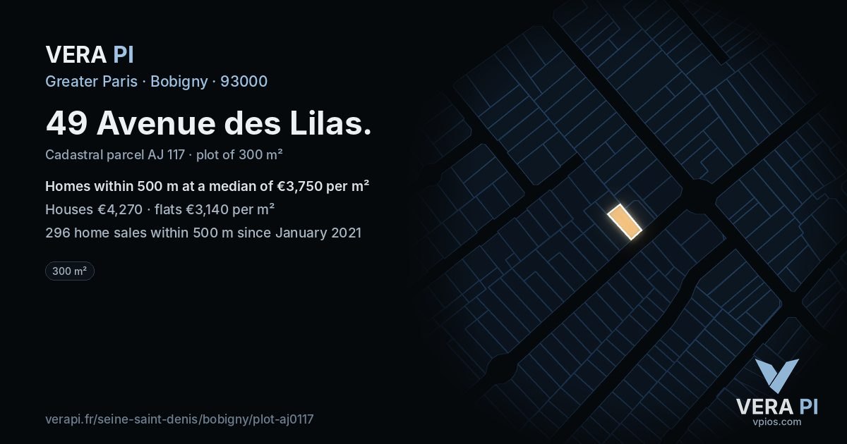 49 Avenue des Lilas, Bobigny at night – the plot lit, the parcels around coloured by the prices near them