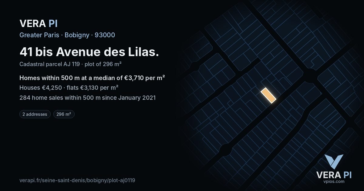 41 bis Avenue des Lilas, Bobigny at night – the plot lit, the parcels around coloured by the prices near them