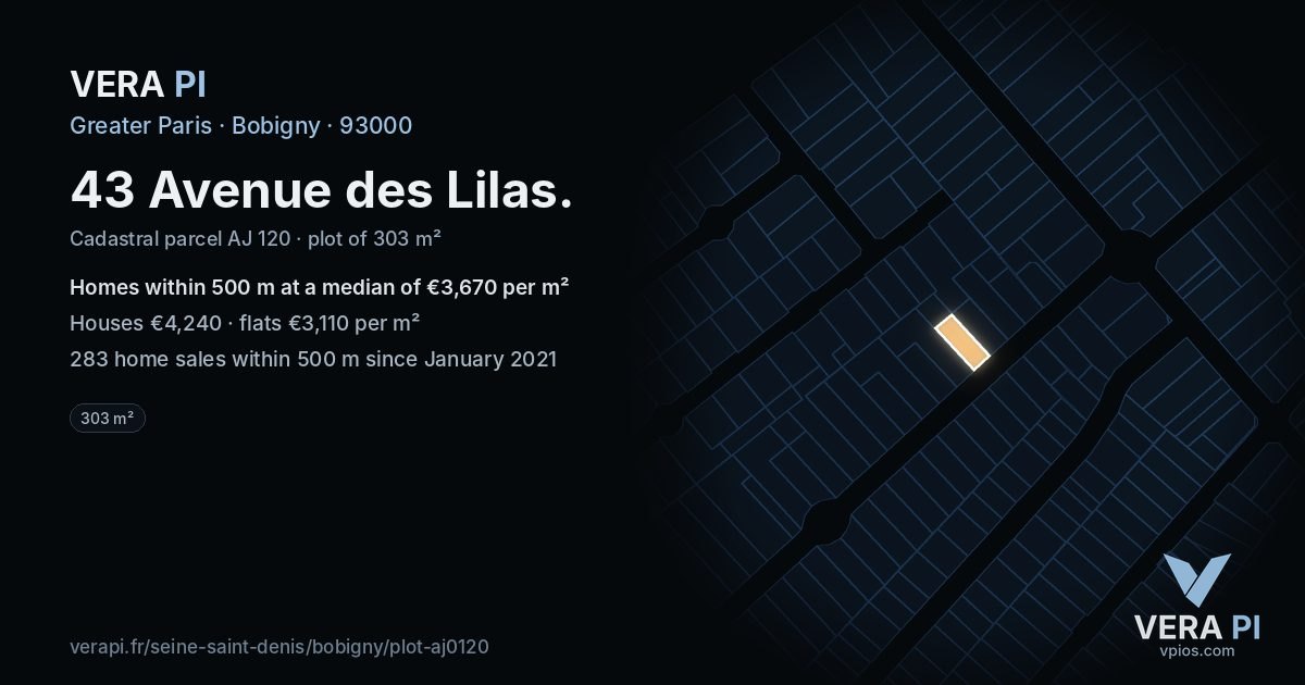 43 Avenue des Lilas, Bobigny at night – the plot lit, the parcels around coloured by the prices near them