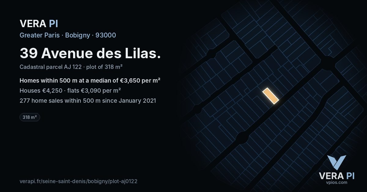 39 Avenue des Lilas, Bobigny at night – the plot lit, the parcels around coloured by the prices near them