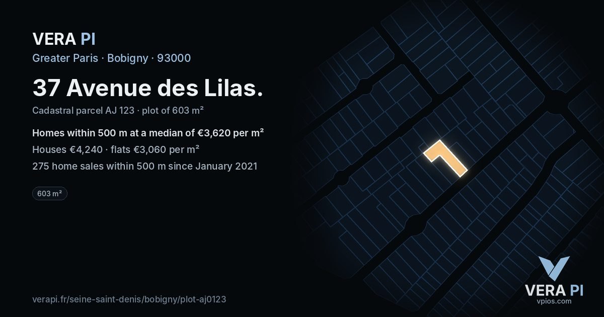 37 Avenue des Lilas, Bobigny at night – the plot lit, the parcels around coloured by the prices near them