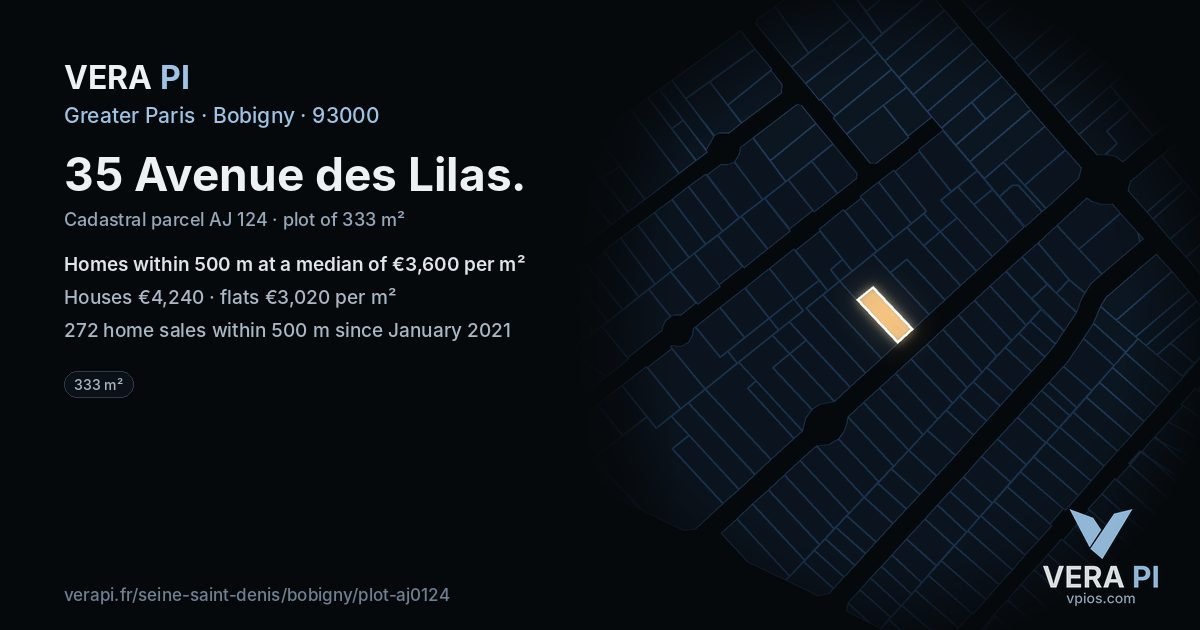 35 Avenue des Lilas, Bobigny at night – the plot lit, the parcels around coloured by the prices near them