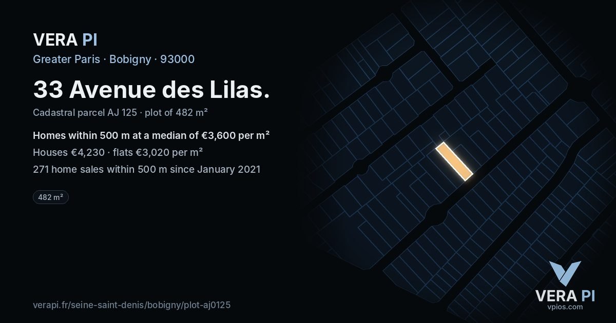 33 Avenue des Lilas, Bobigny at night – the plot lit, the parcels around coloured by the prices near them