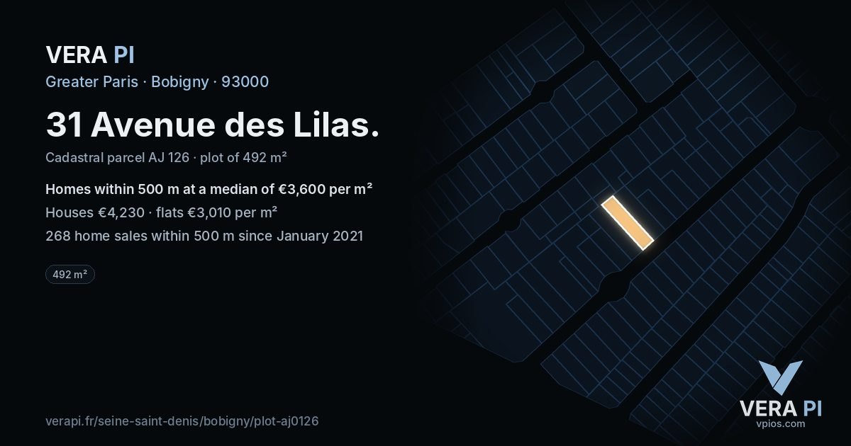 31 Avenue des Lilas, Bobigny at night – the plot lit, the parcels around coloured by the prices near them