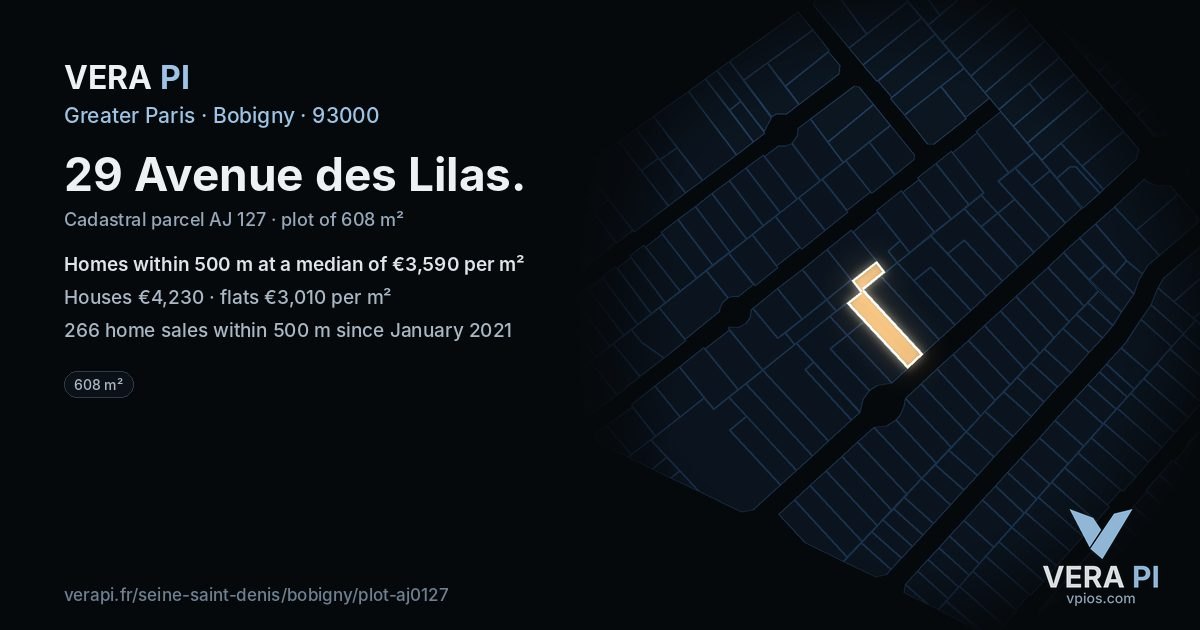 29 Avenue des Lilas, Bobigny at night – the plot lit, the parcels around coloured by the prices near them