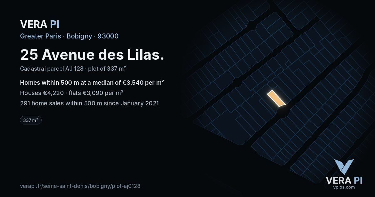 25 Avenue des Lilas, Bobigny at night – the plot lit, the parcels around coloured by the prices near them