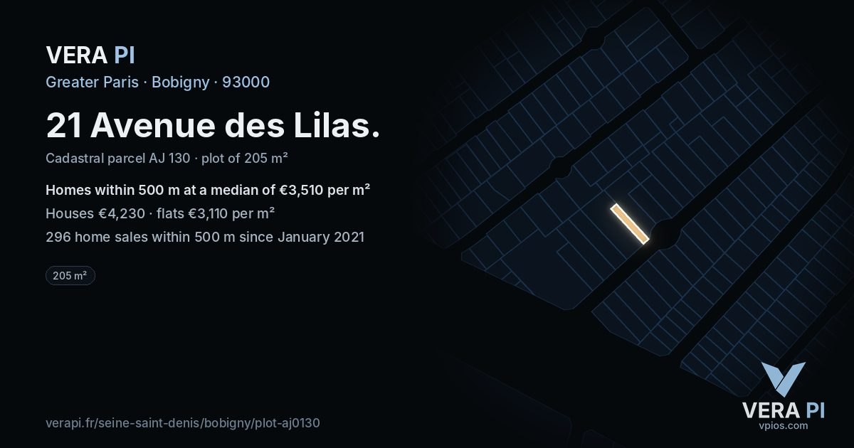 21 Avenue des Lilas, Bobigny at night – the plot lit, the parcels around coloured by the prices near them