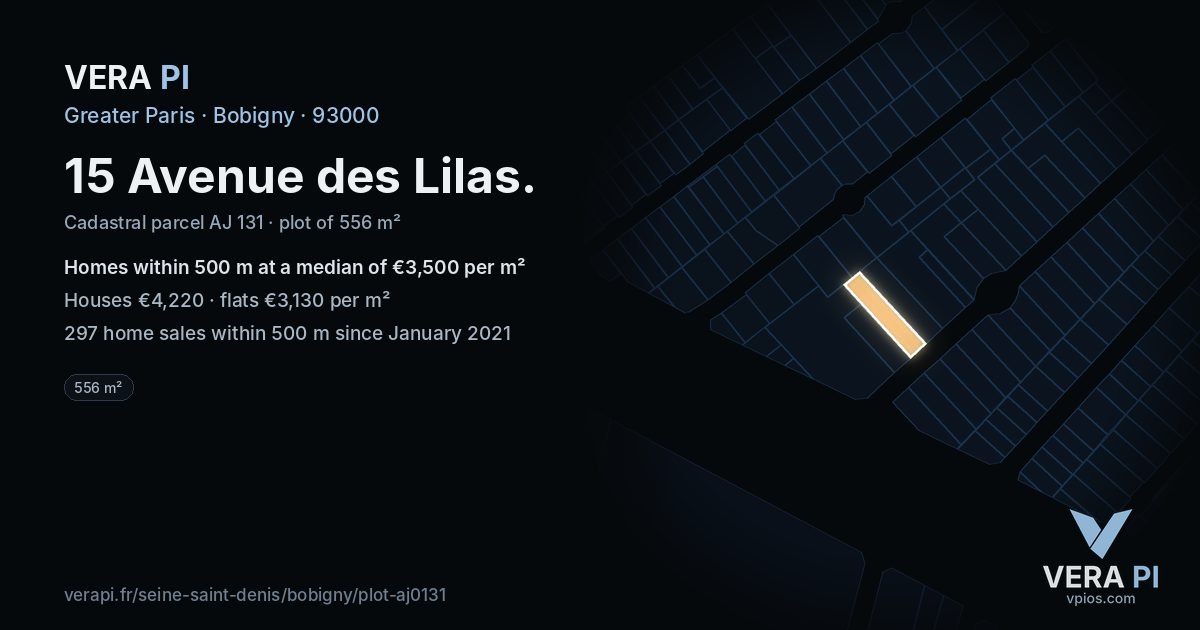15 Avenue des Lilas, Bobigny at night – the plot lit, the parcels around coloured by the prices near them