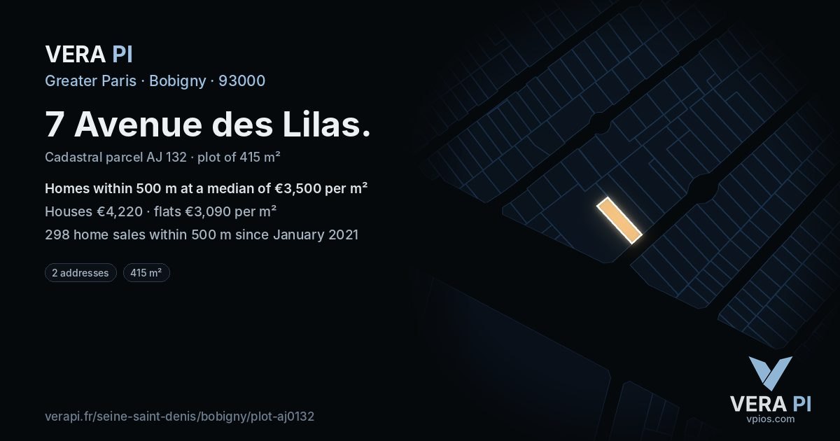 7 Avenue des Lilas, Bobigny at night – the plot lit, the parcels around coloured by the prices near them