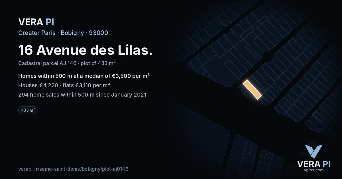 16 Avenue des Lilas, Bobigny at night – the plot lit, the parcels around coloured by the prices near them