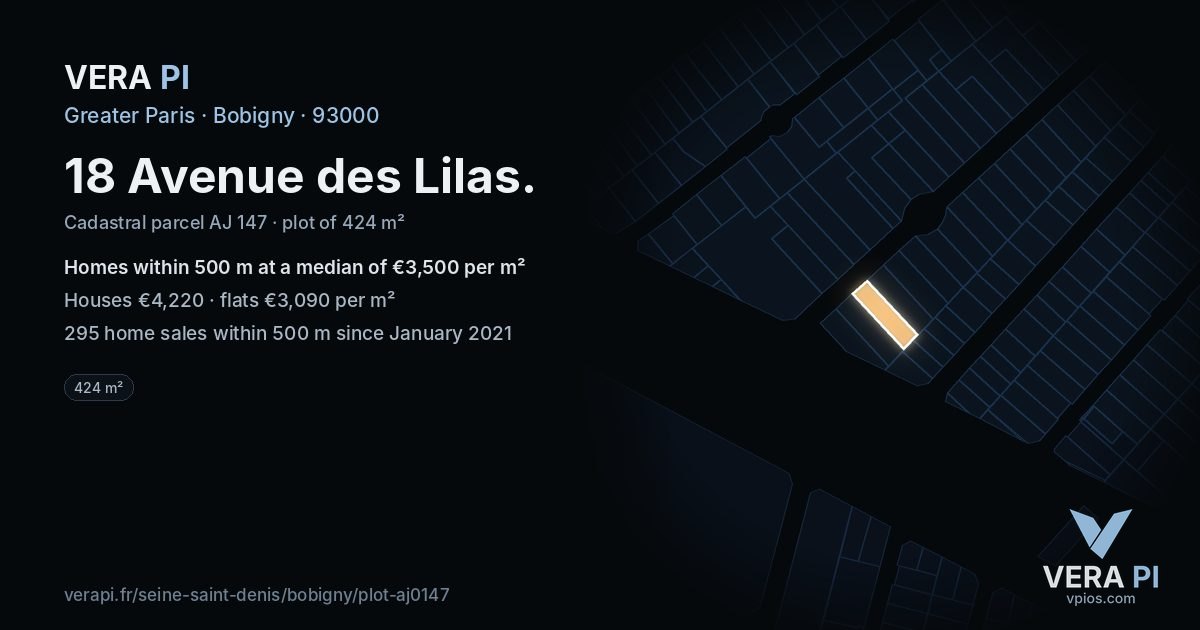 18 Avenue des Lilas, Bobigny at night – the plot lit, the parcels around coloured by the prices near them