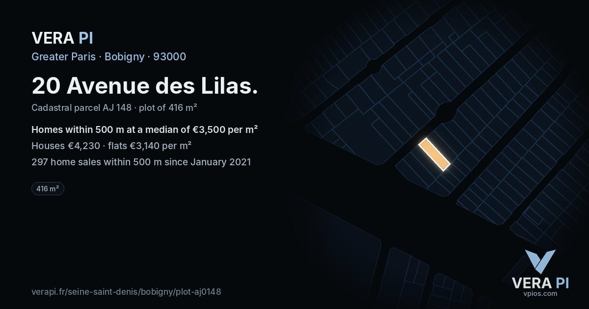 20 Avenue des Lilas, Bobigny at night – the plot lit, the parcels around coloured by the prices near them