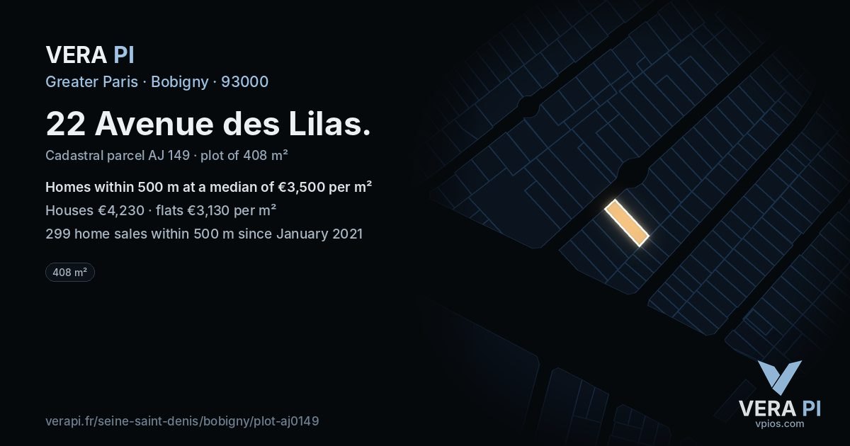 22 Avenue des Lilas, Bobigny at night – the plot lit, the parcels around coloured by the prices near them