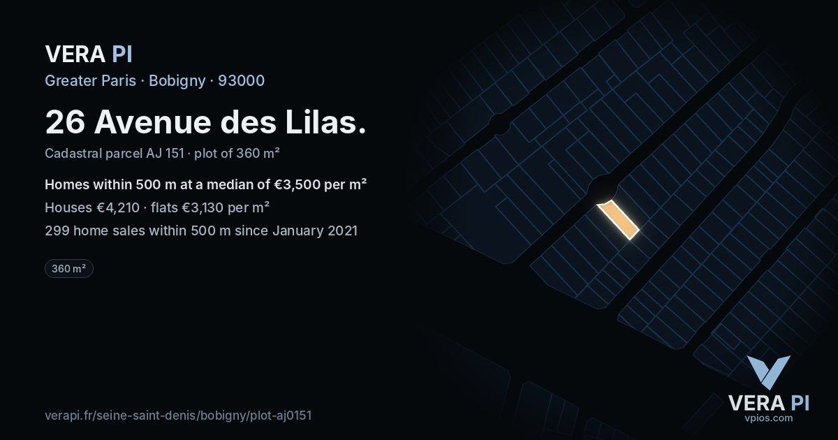 26 Avenue des Lilas, Bobigny at night – the plot lit, the parcels around coloured by the prices near them