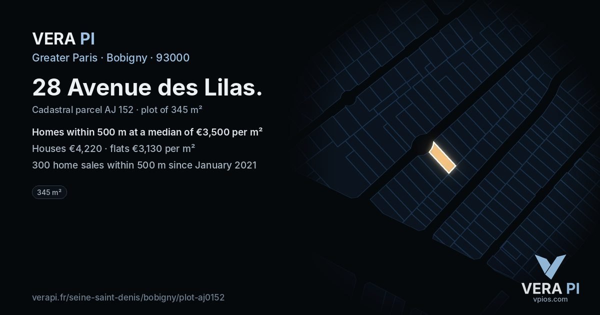 28 Avenue des Lilas, Bobigny at night – the plot lit, the parcels around coloured by the prices near them