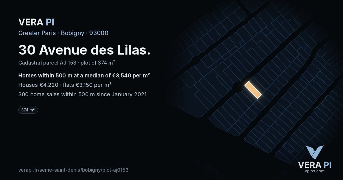 30 Avenue des Lilas, Bobigny at night – the plot lit, the parcels around coloured by the prices near them