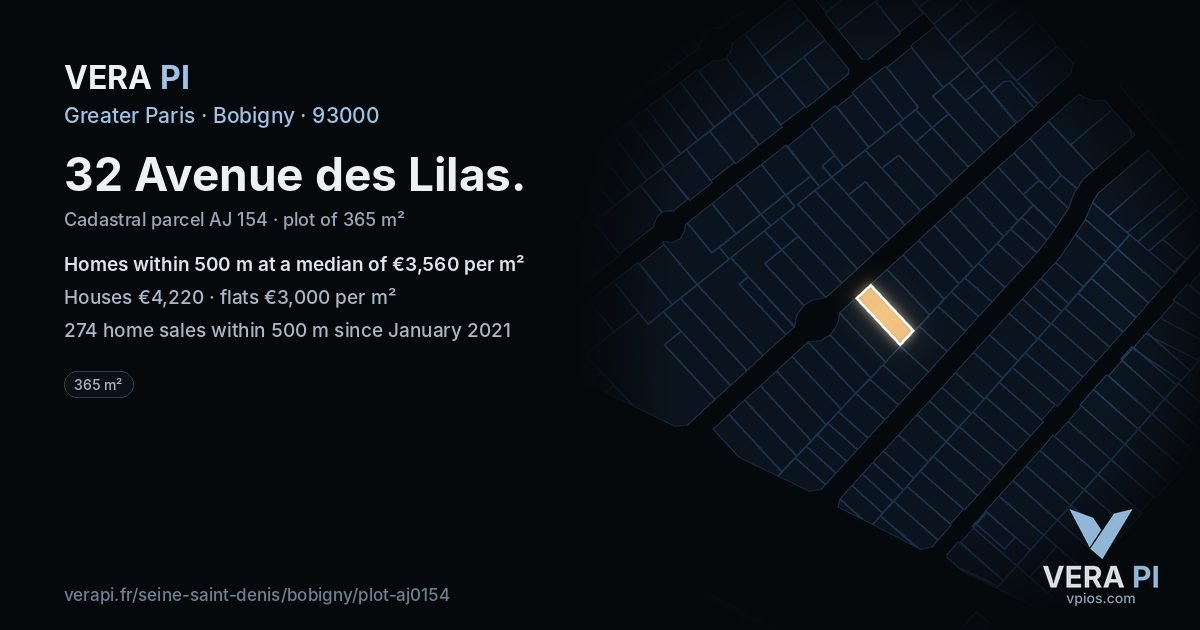 32 Avenue des Lilas, Bobigny at night – the plot lit, the parcels around coloured by the prices near them
