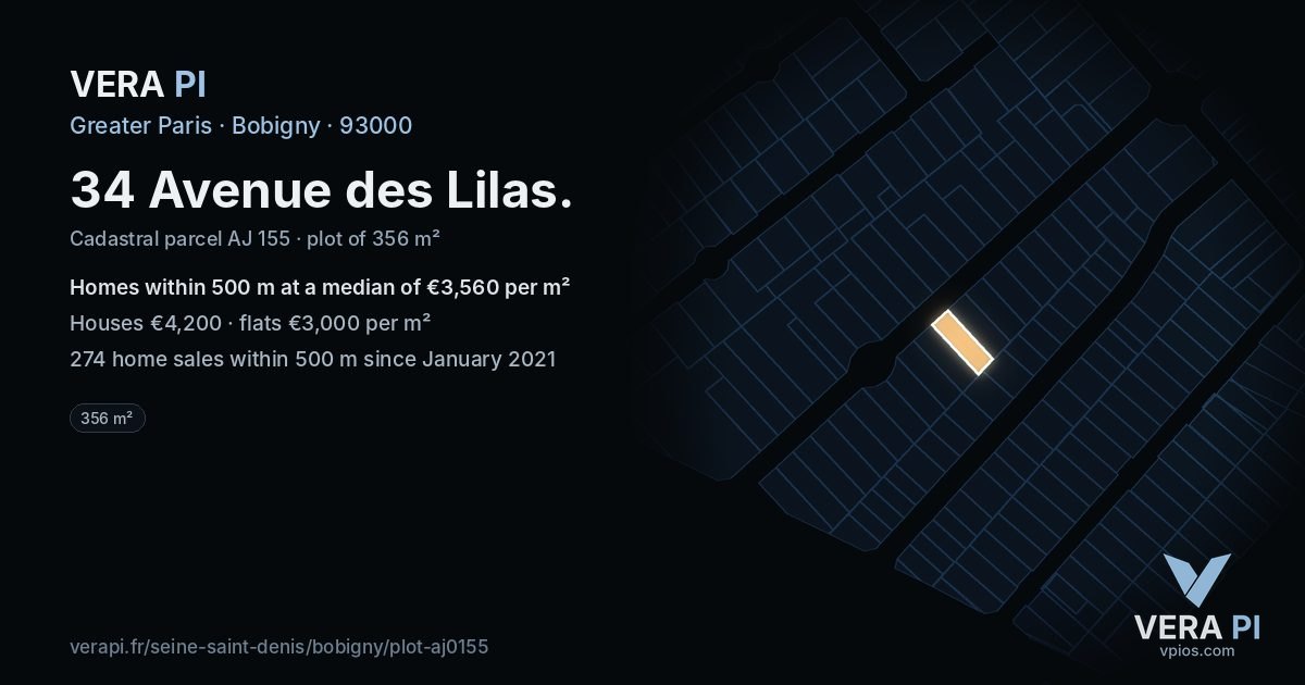 34 Avenue des Lilas, Bobigny at night – the plot lit, the parcels around coloured by the prices near them