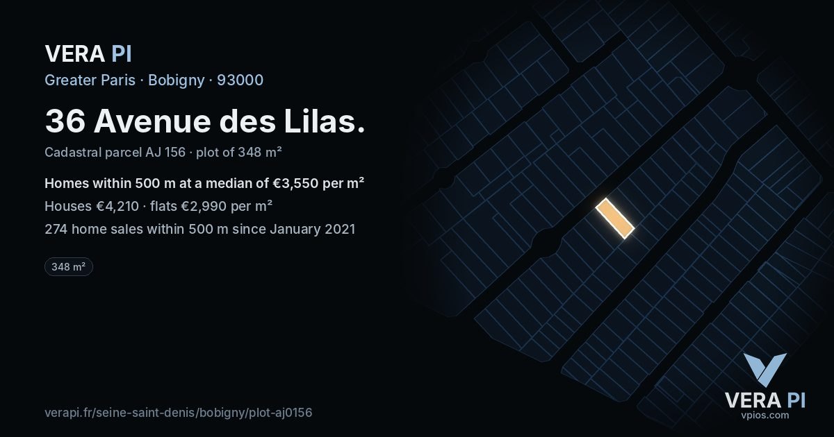 36 Avenue des Lilas, Bobigny at night – the plot lit, the parcels around coloured by the prices near them