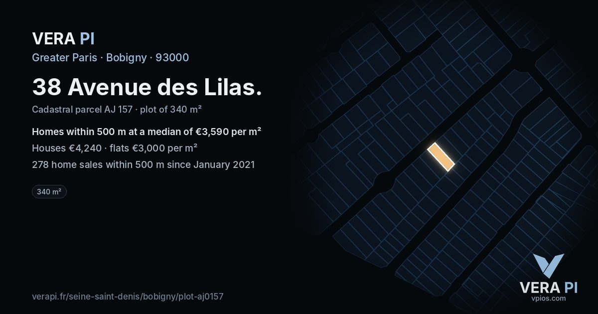 38 Avenue des Lilas, Bobigny at night – the plot lit, the parcels around coloured by the prices near them