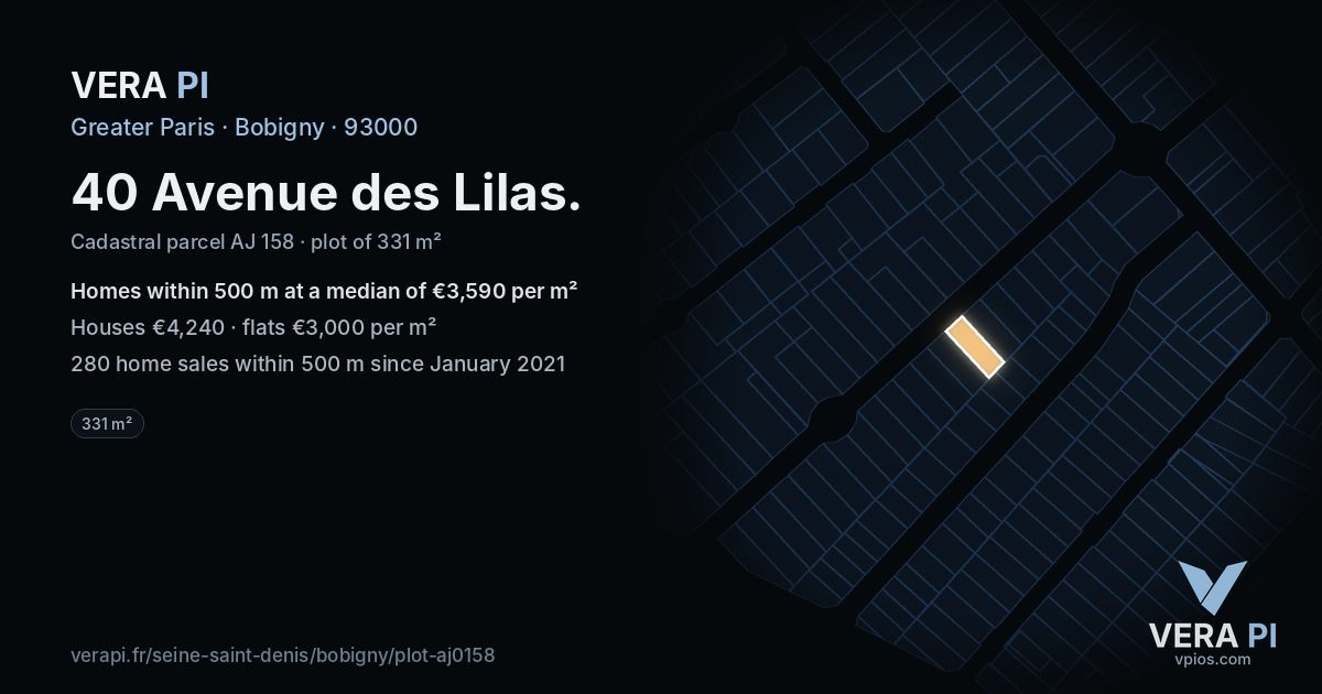 40 Avenue des Lilas, Bobigny at night – the plot lit, the parcels around coloured by the prices near them