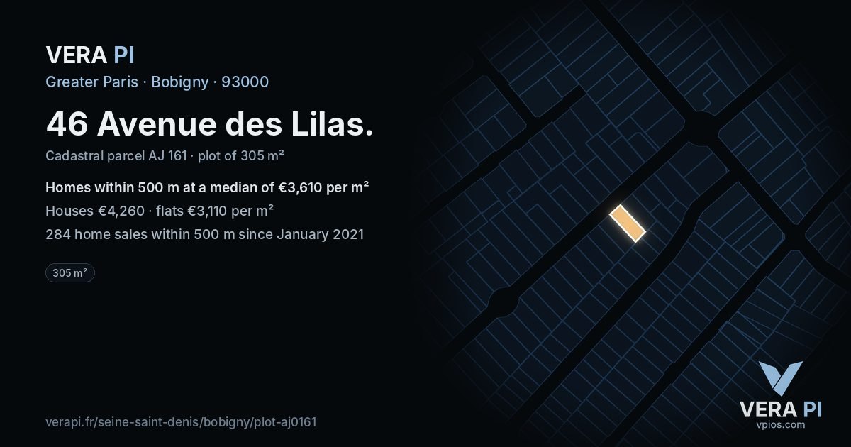 46 Avenue des Lilas, Bobigny at night – the plot lit, the parcels around coloured by the prices near them